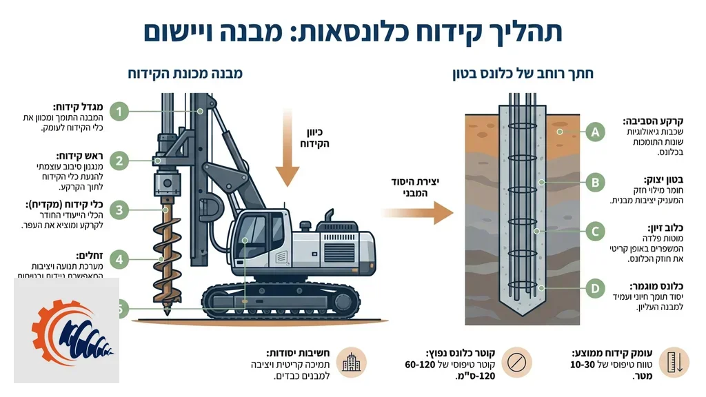 מכונת קידוח כלונסאות מקצועית בפעולה באתר תשתיות